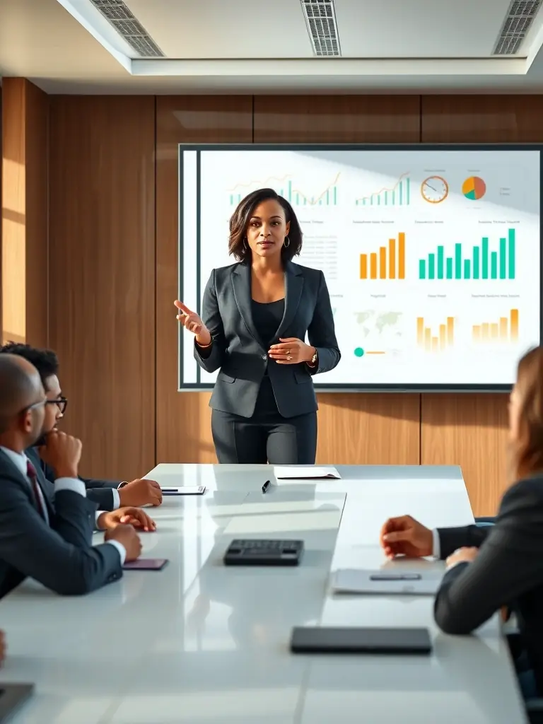 A South African executive confidently presenting a business plan in a boardroom, showcasing improved communication and presentation skills gained through coaching.