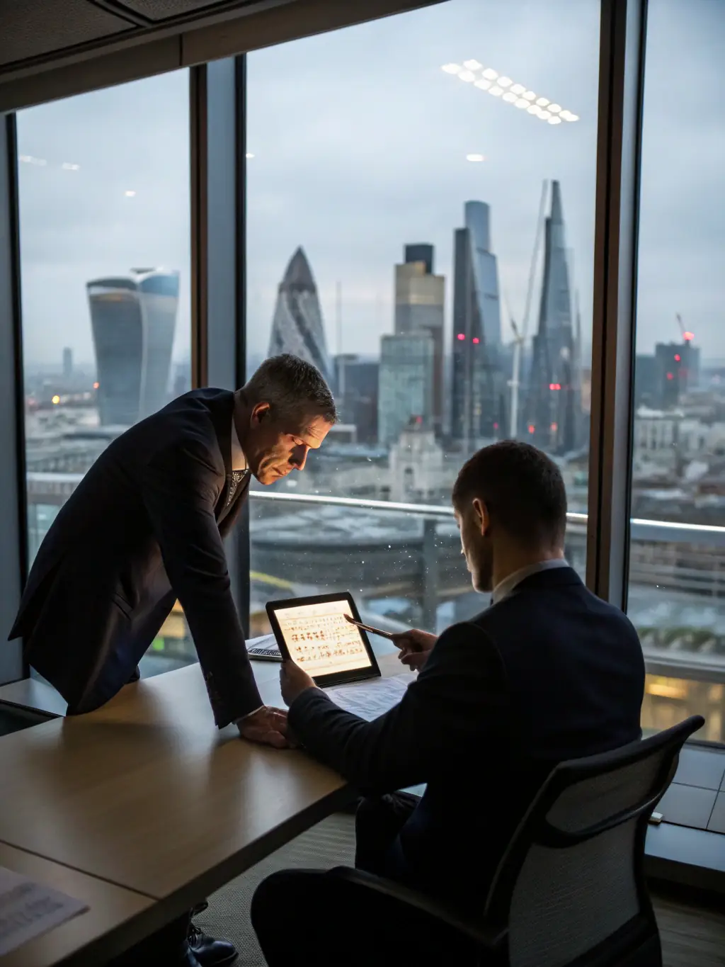 A professional South African business coach in a modern office setting, guiding a client through a strategic planning session, with charts and graphs visible in the background, symbolizing leadership coaching.